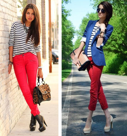 Красные джинсы с чем носить 